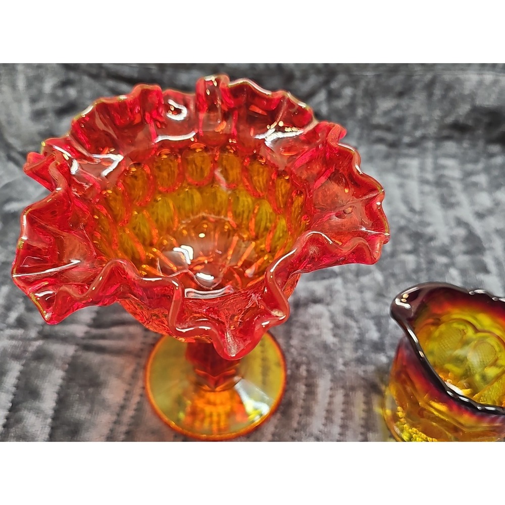 Vintage Glass Amber Brown Hobnail Crimped Rim Candy Bowl & Creamer Pitcher - Picture 2 of 5